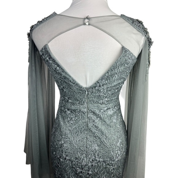 Dekolte Beaded Lace Sequin Evening Gown Mermaid Illusion Cape Sleeve Formal 42 - Picture 14 of 16